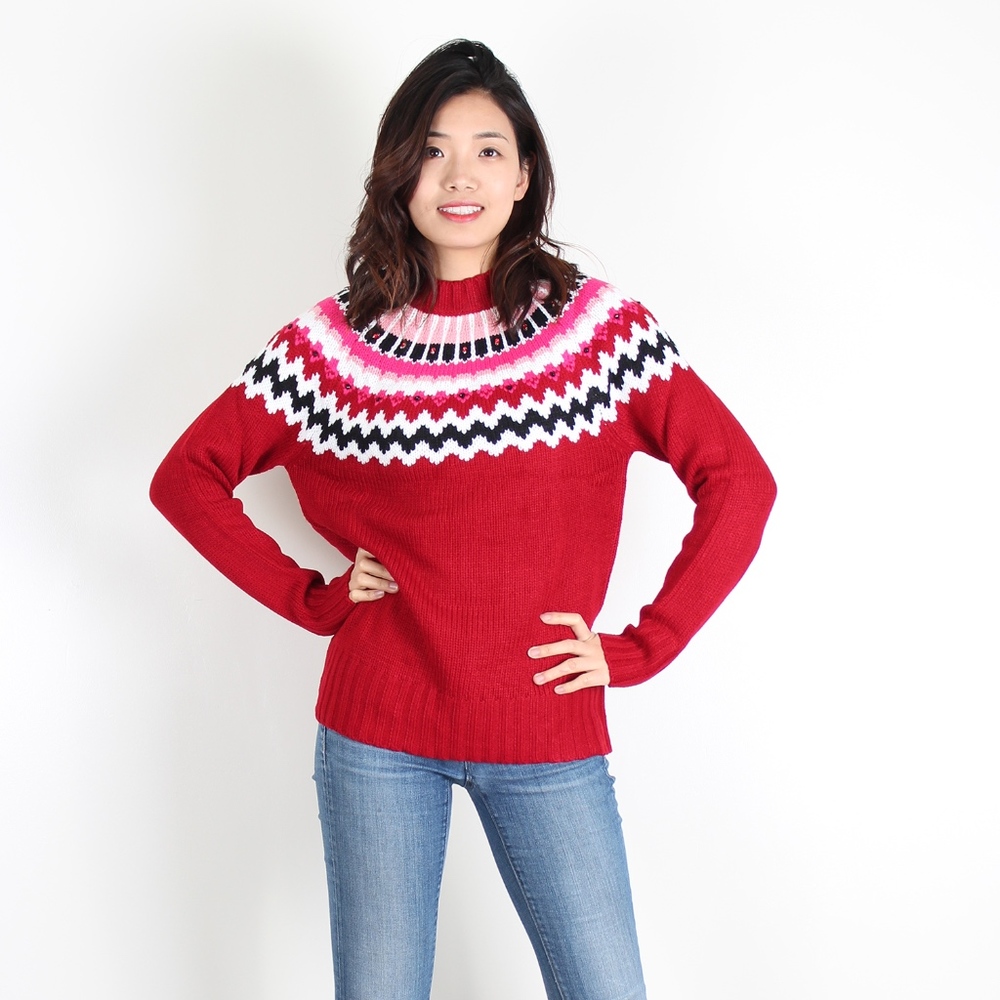 Red&White Geometric Embellished Sweater